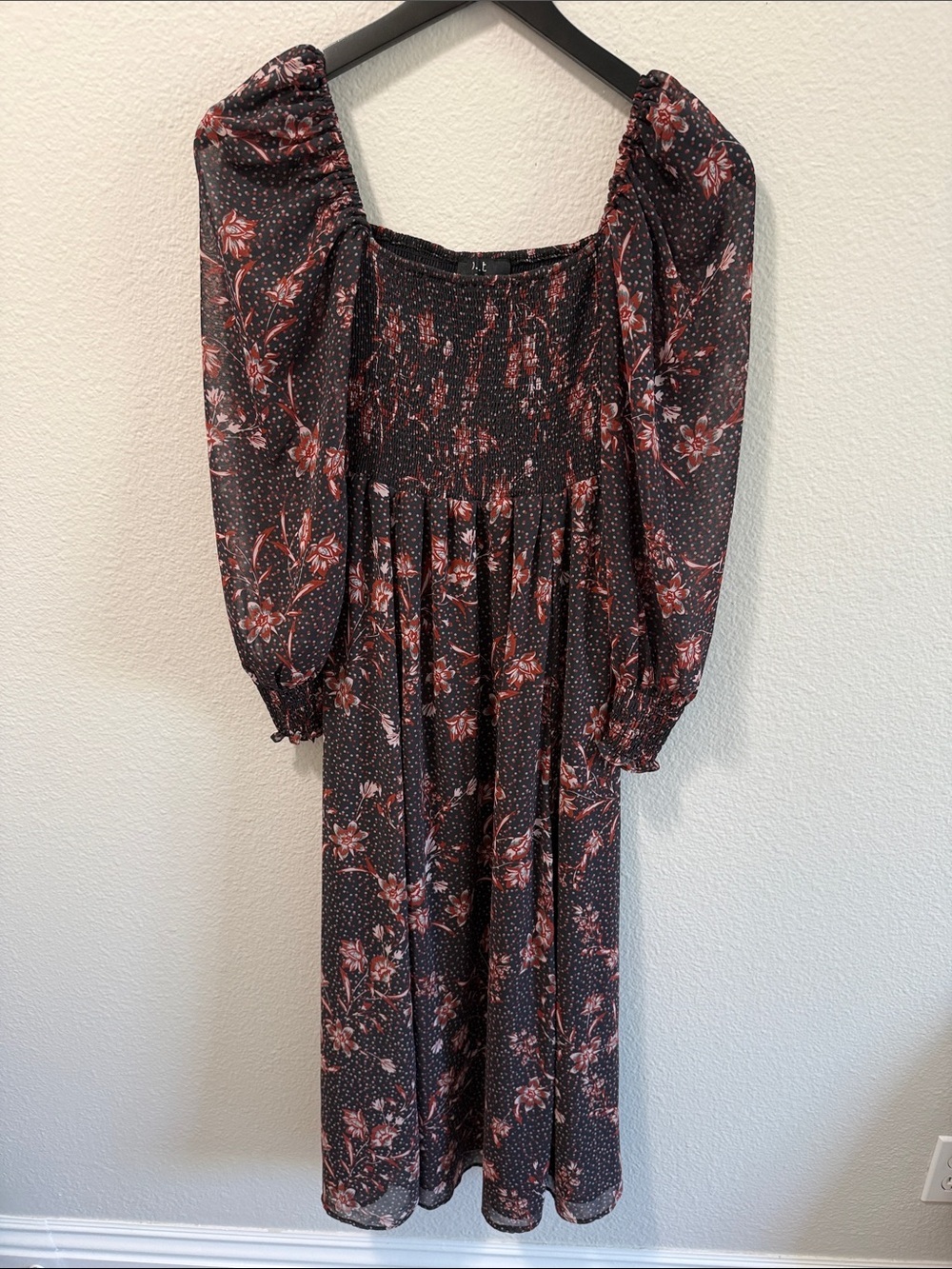 Black Floral Smocked Midi Dress Square Neck Puff Sleeve Size XS